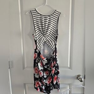 BTFBM Black and White Striped Floral Backless Dress